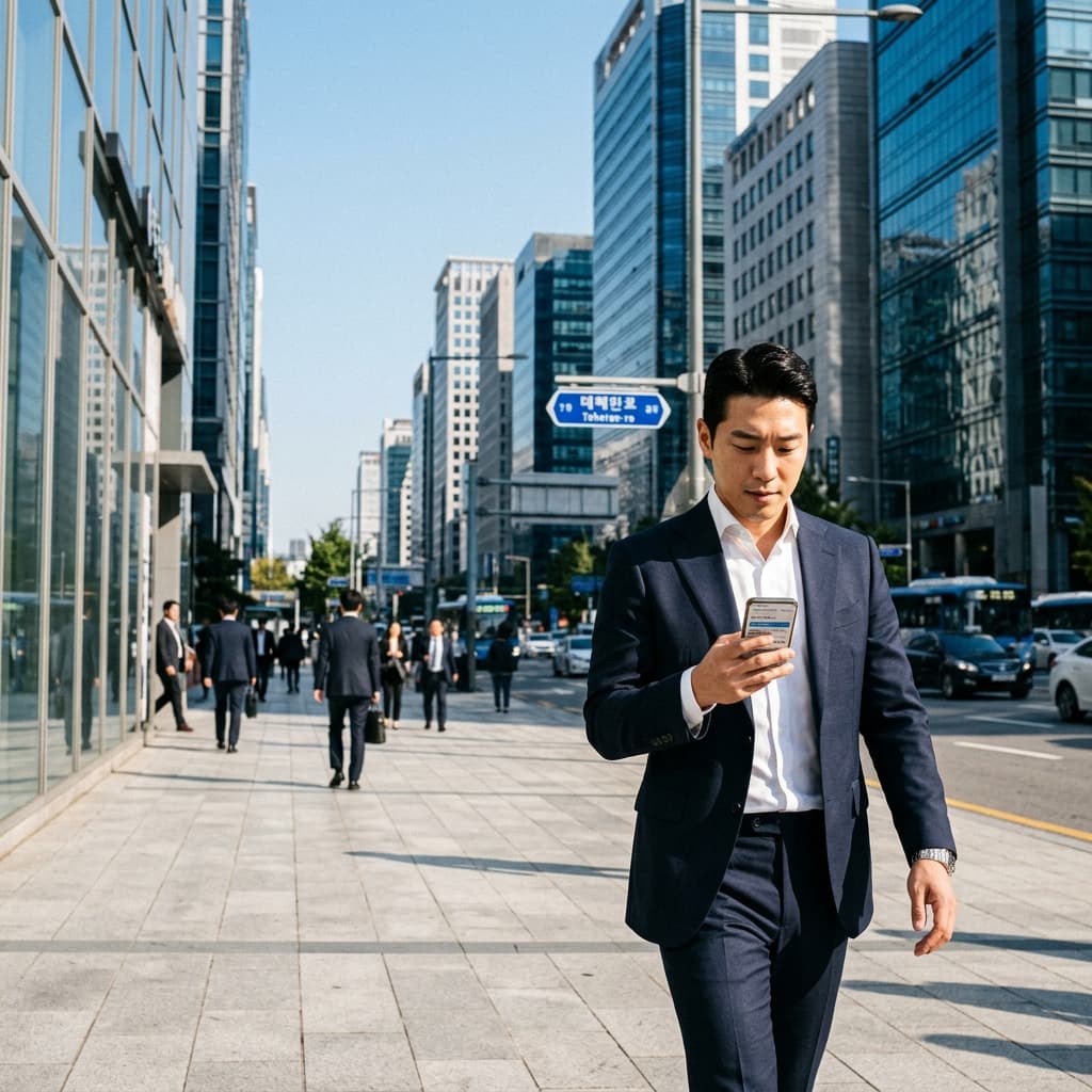 강남 테헤란로를 걸으며 스마트폰으로 공실뉴스를 열람하는 전문 남성 공인중개사