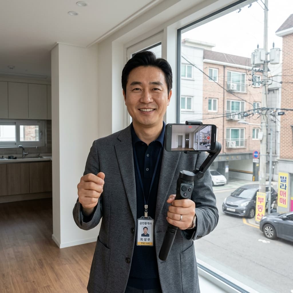 신축 빌라와 주택 현장 영상 촬영 짐벌을 든 전문 공인중개사